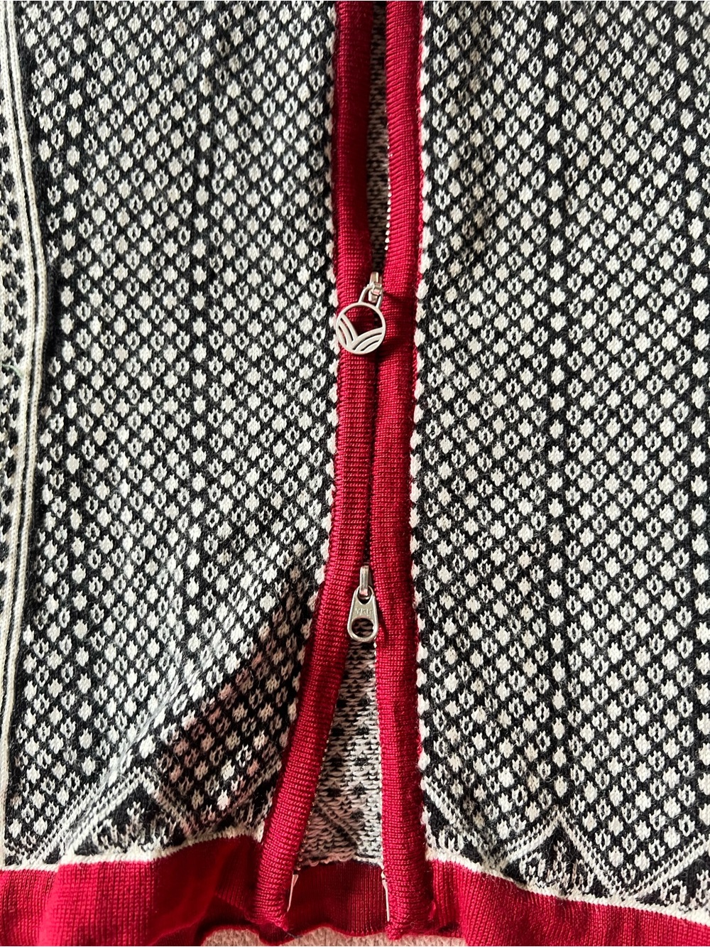 Dale of Norway Black and White Fair Isle Zip-Up Sweater with Red Trim - Picture 7 of 10